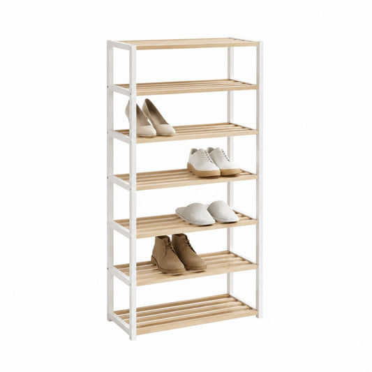 Schuhregal mit 7 Ebenen Weiß Natur Bambus Stahl 60 x 26 x 140 cm