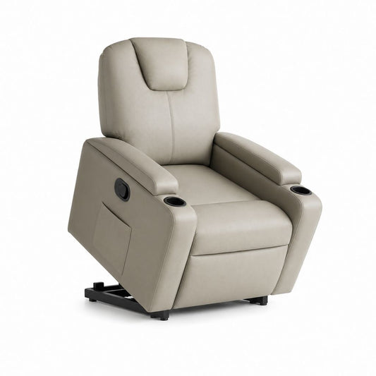 Relaxsessel Fernsehsessel Beige aus PU-Kunstleder mit manueller Liegefunktion und 2 Getränkehaltern 90 x 93 x 103 cm