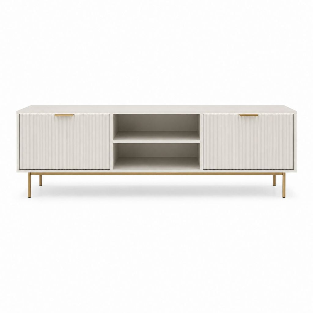 TV-Lowboard mit 2 Türen und 2 offenen Fächern Weiß Gold aus Spanplatte 160 x 40 x 60 cm