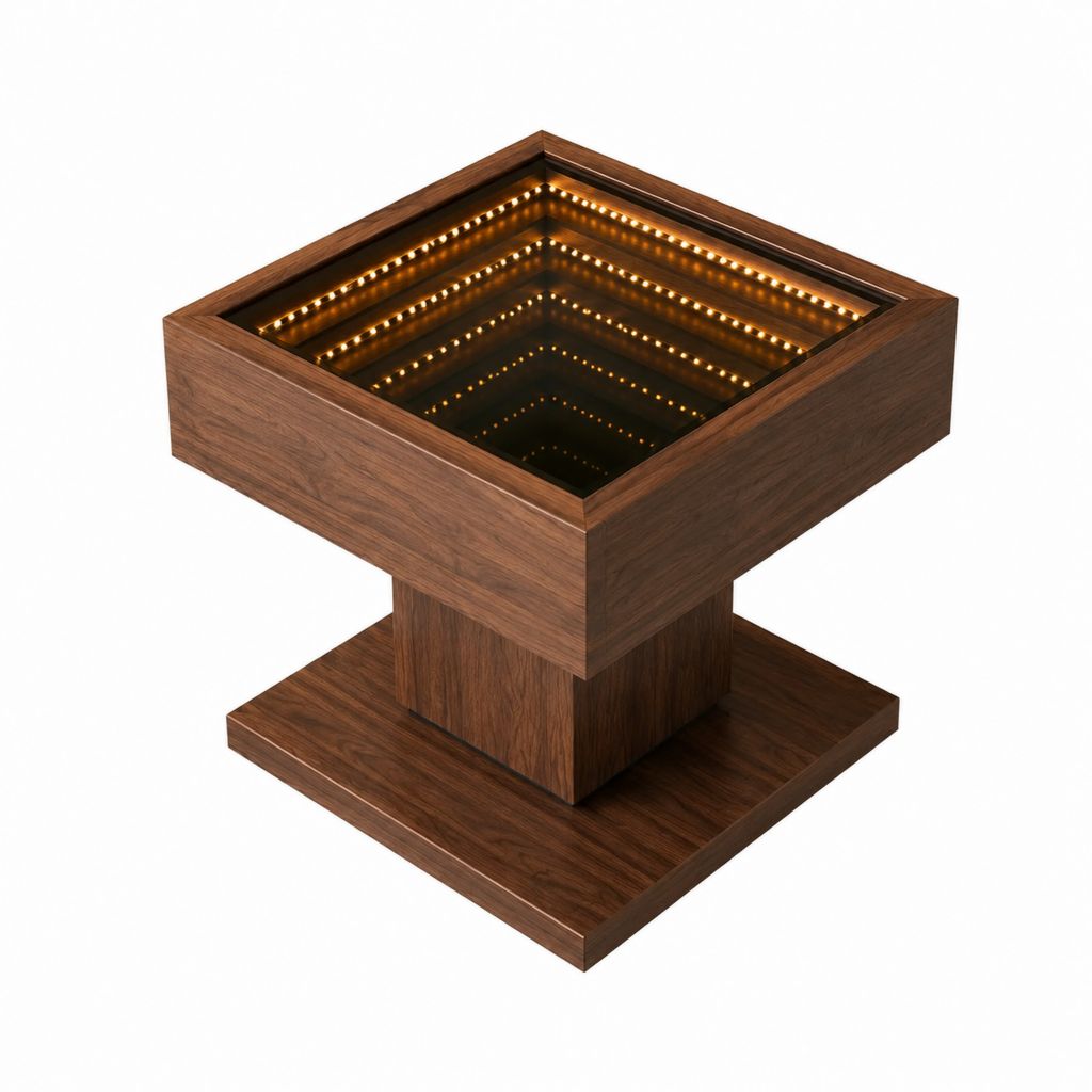 LED Couchtisch mit Infinity Spiegel walnussbraun Holzwerkstoff und Spiegelglas quadratisch 60 x 60 x 45 cm