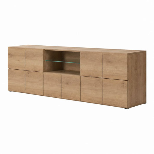 TV-Sideboard Eiche natur aus melaminharzbeschichteter Spanplatte rechteckig mit 10 Türen und Glasablage 220 x 45 x 80 cm