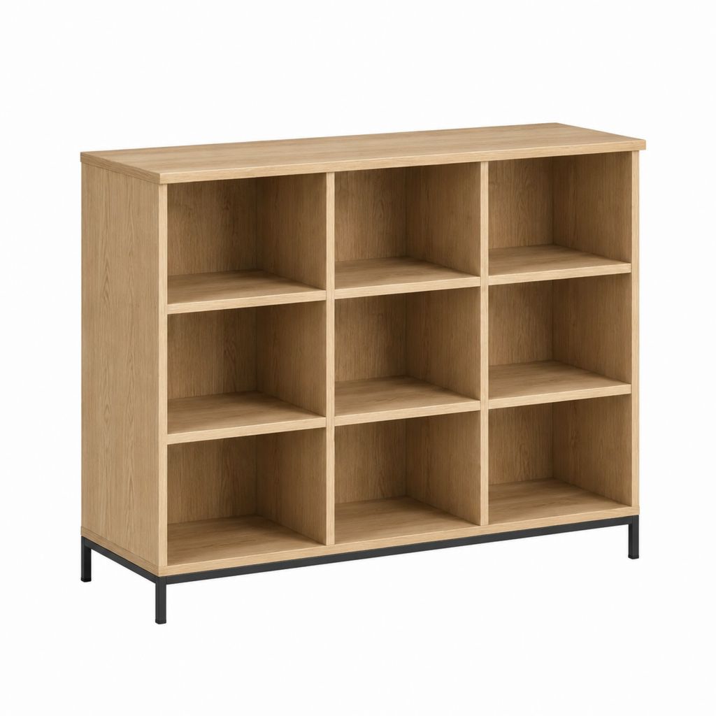 Schuhregal mit 9 offenen Fächern Eiche Dekor Spanplatte Stahlgestell 90 x 30 x 90 cm