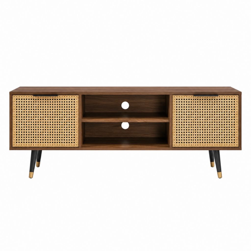 TV Lowboard Nussbaum Braun aus MDF mit Rattan Türen rechteckig 150 x 40 x 60 cm