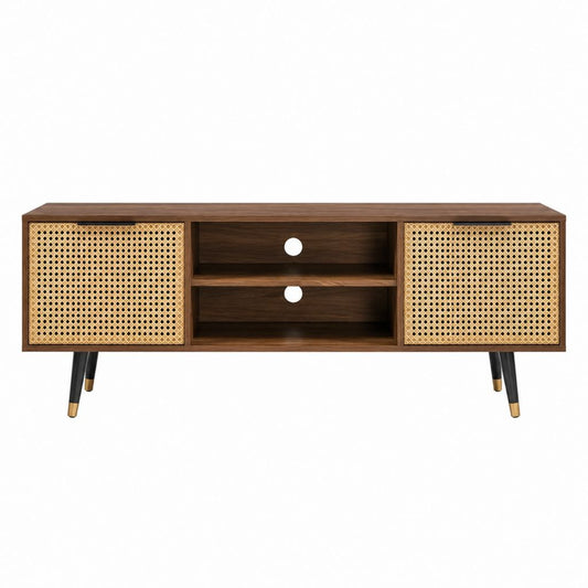 TV Lowboard Nussbaum Braun aus MDF mit Rattan Türen rechteckig 150 x 40 x 60 cm