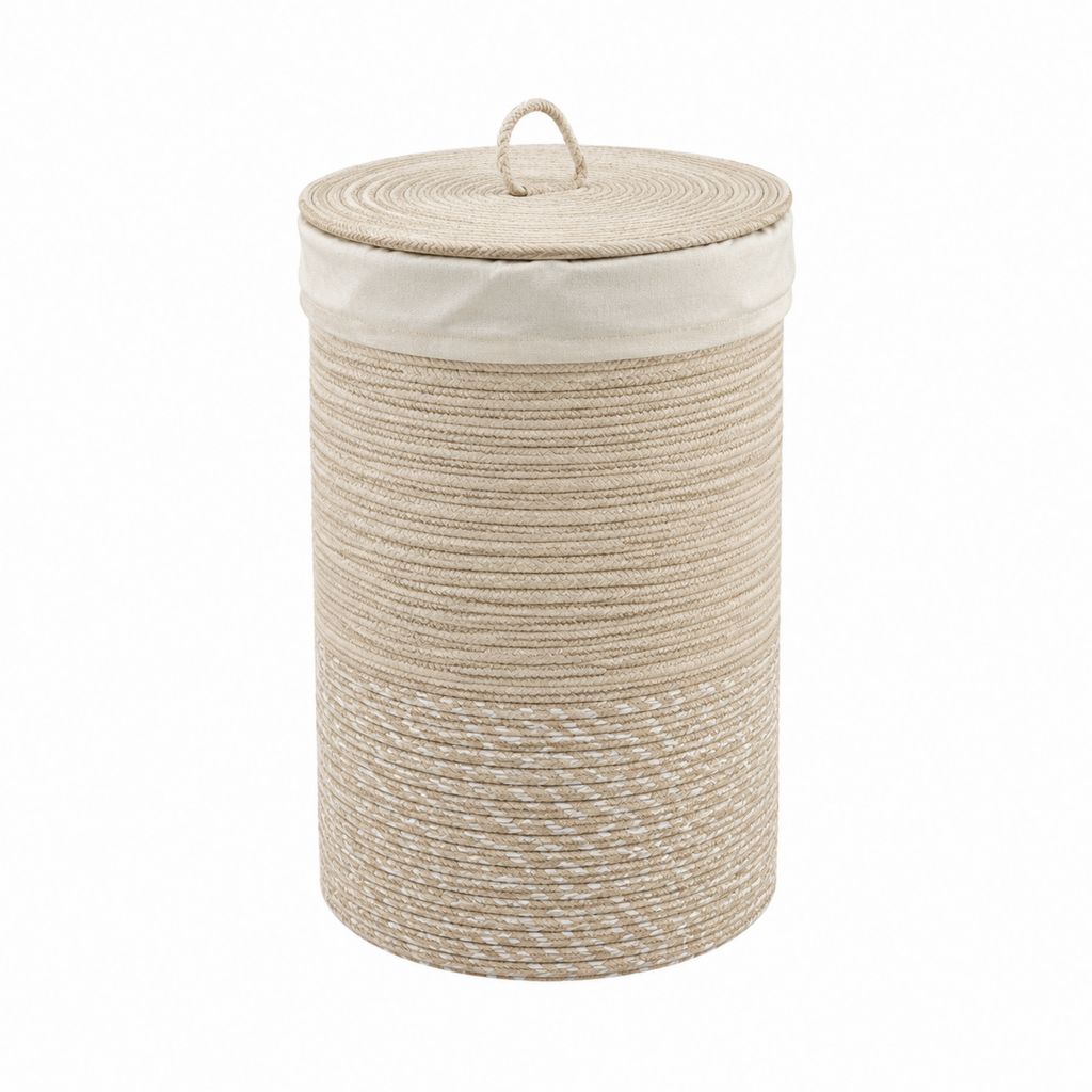 Wäschekorb mit Deckel Beige aus Baumwollseil rund 40 x 60 cm 75 L