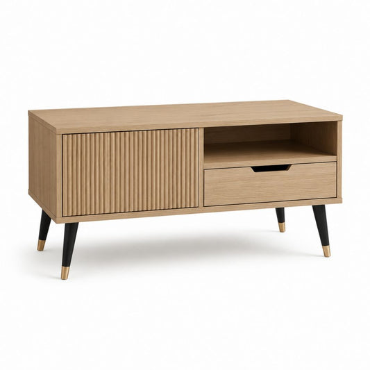 TV-Lowboard Eichenfarbe MDF rechteckig mit Schiebetür Schublade und offenem Fach 120 x 40 x 60 cm